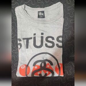 Stüssy Gray Graphic Logo Tee with Red Accents